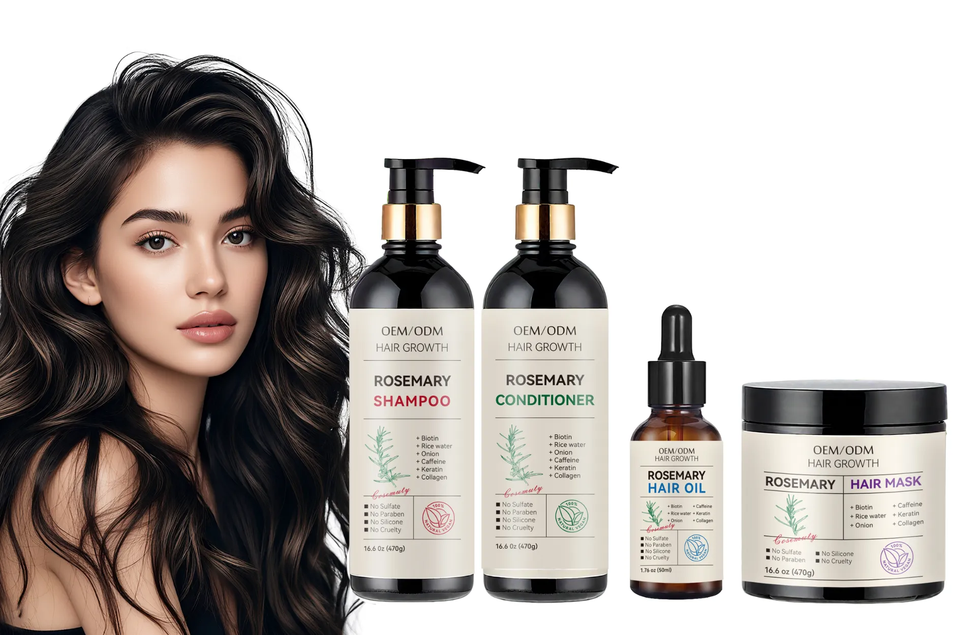 Rosemary hair care set with shampoo, conditioner, oil and mask, illustrative